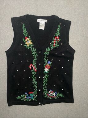 Victoria Jones Black Christmas Sweater Vest Embroidered Toys Holly Train Sz S